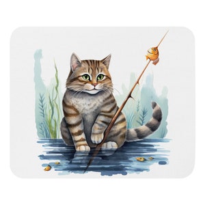 釣り猫の水彩画マウスパッド