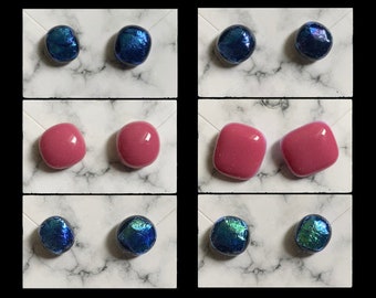 Fused Glass Stud Earrings - Glass Jewelry - Stud Earrings - Pink Earrings - Blue Earrings - Iridescent Earrings