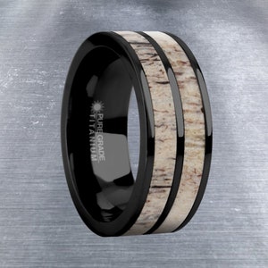 Naturally Harvested Deer Antler Inlay Black Titanium Wedding Ring