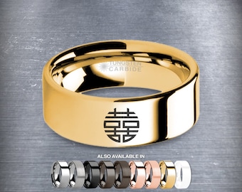 Dubbel Geluk Chinees Symbool Laser Gegraveerde Gouden Wolfraam Ring