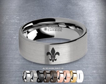 Fleur de Lis Symbol Laser Engraved Tungsten Wedding Ring, Brushed