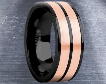 Brushed Rose Gold Tungsten Carbide Inlay Black Titanium Wedding Ring