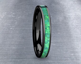 Aqua Teal Green Opal Inlay Women's Black Ceramic Ring