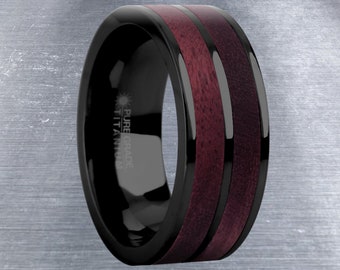 Deep Purpleheart Wood Inlay Zwart Titanium Trouwring