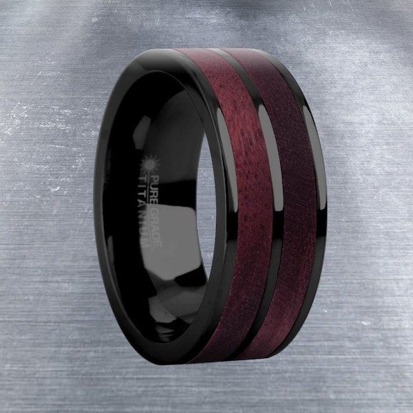 Deep Purpleheart Wood Inlay Black Titanium Wedding Ring