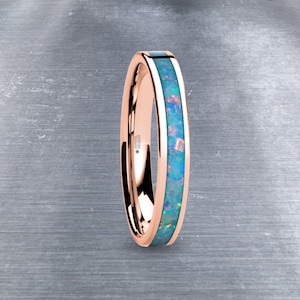 Light Blue Pink Flake Opal Inlay Rose Gold Tungsten Wedding Ring