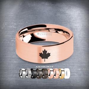 Canadian Maple Leaf Engraved Rose Gold Tungsten Ring, Brushed