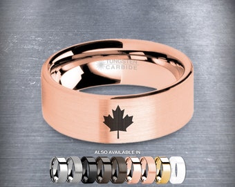 Canadian Maple Leaf Engraved Rose Gold Tungsten Ring, Brushed