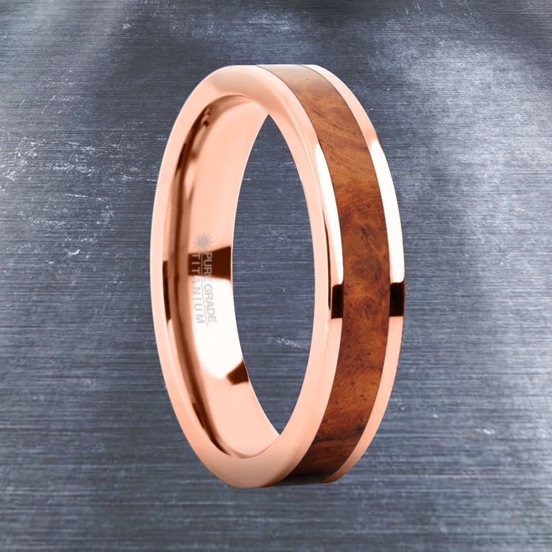 Elegant Rosewood Burl Wood Inlay Rose Gold Titanium Wedding Etsy