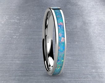 Aqua Blue Pink Flake Opal Inlay Tungsten Wedding Ring for Women