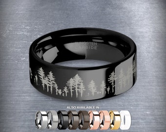 Outdoors Forest Tree Line Landscape Engraved Black Tungsten Ring