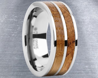 Real Whiskey Barrel Wood Twin Inlay Titanium Wedding Ring