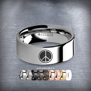 Peace Sign Laser Engraved Tungsten Carbide Wedding Ring
