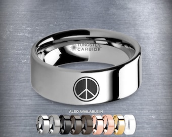 Peace Sign Laser Engraved Tungsten Carbide Wedding Ring