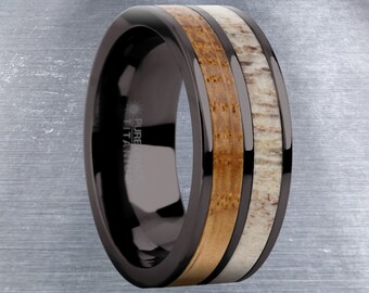 Whiskey Wood, Deer Antler Gunmetal Gray Titanium Wedding Ring