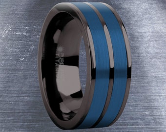 Brushed Blue Tungsten Carbide Inlay Gunmetal Titanium Wedding Ring