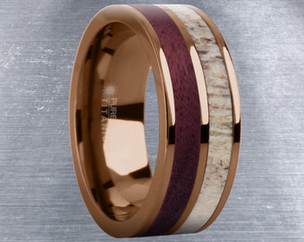 Purpleheart Hout, Herten Gewei Inleg Bruin Titanium Trouwring