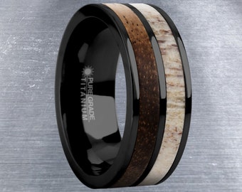 Koa Hout, Real Deer Antler Inlay Zwart Titanium Trouwring