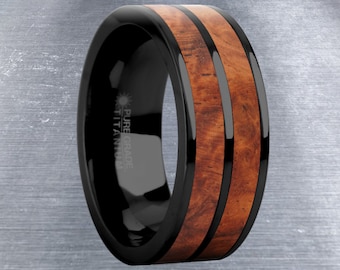 Elegante Palissander Burl Hout Inleg Zwart Titanium Trouwring