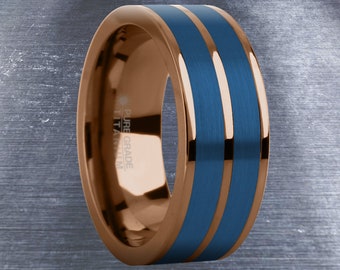 Brushed Blue Tungsten Carbide Inlay Brown Titanium Wedding Ring
