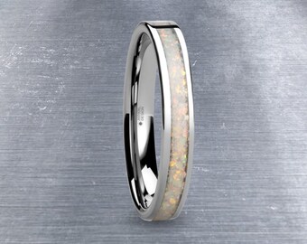 Fire Ice White Opal Inlay Silver Tungsten Wedding Carbide Ring