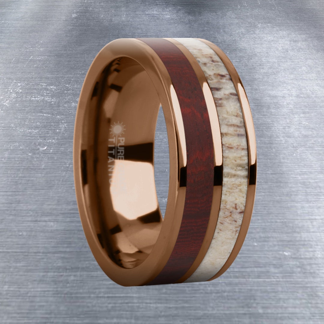 Dark Red Sandalwood, Deer Antler Inlay Brown Titanium Wedding Ring ...