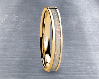 Fire Ice White Opal Inlay Yellow Gold Tungsten Wedding Ring