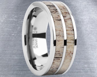 Naturally Harvested Deer Antler Inlay Titanium Wedding Ring