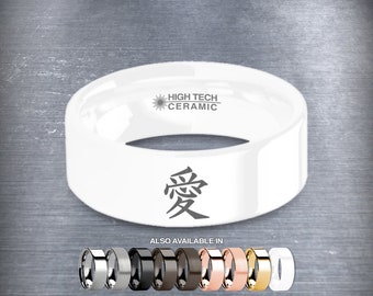 Chinese kalligrafie Ai LiefdeSsymbool Gegraveerd Wit Keramische Ring