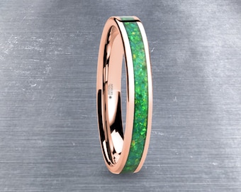 Groene Emerald Green Opal Inlay Rose Gold Tungsten Trouwring