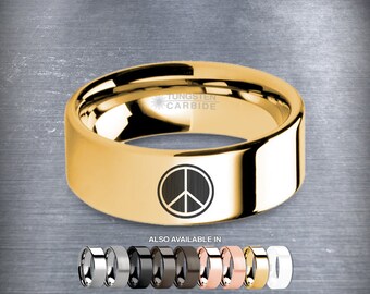 Peace Sign Symbol Laser Engraving Gold Tungsten Wedding Band