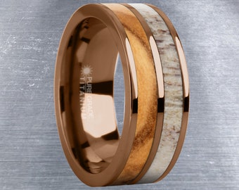 Olijfhout, echte natuurlijke gewei inleg bruin titanium trouwring