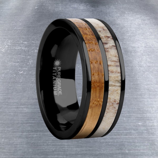 Whiskey Barrel Wood, Real Deer Antler Black Titanium Wedding Ring