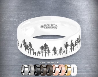 Alpine Forest Trees Natural Landscape White Ceramic Wedding Band
