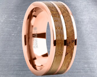 Whiskey Barrel Wood Twin Inlay Rose Gold Titanium Wedding Band