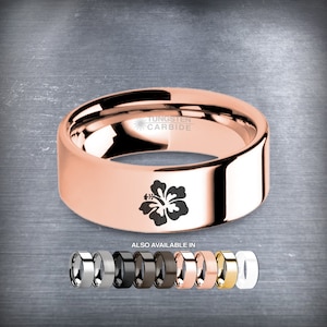 Hawaii Hibiscus Flower Rose Gold Tungsten Wedding Band, Polished