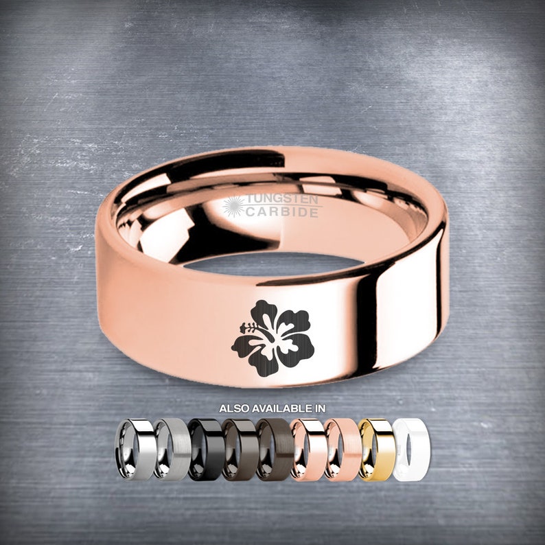 Polished Hawaii Hibiscus Flower Rose Gold Tungsten Wedding Band