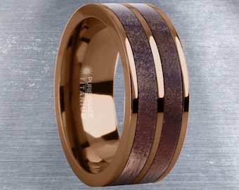 Exotic Dark Walnut Wood Twin Inlay Brown Titanium Wedding Ring