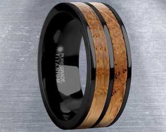 Real Whiskey Barrel Wood Twin Inlay Black Titanium Wedding Band