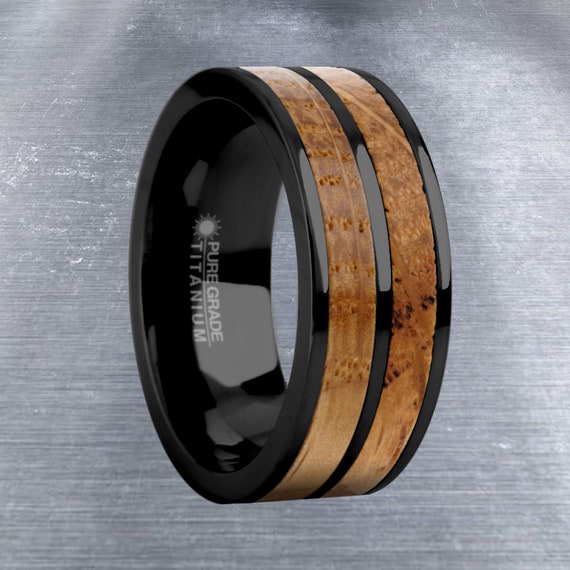 8mm Real Whiskey Barrel Wood Twin Inlay Titanium Wedding Ring