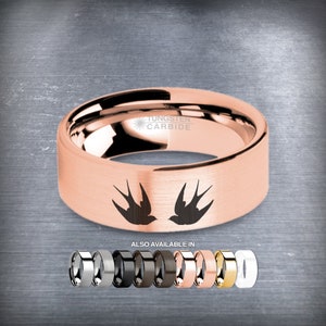 Swallows Laser Engraved Rose Gold Tungsten Wedding Ring, Brushed