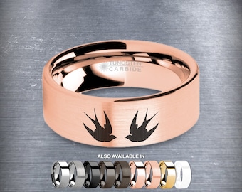 Swallows Laser Engraved Rose Gold Tungsten Wedding Ring, Brushed