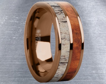 Palissander Burl, Herten gewei Inleg Bruin Titanium Trouwring