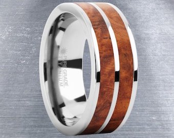 Elegante Palissander Burl Hout Inleg Zilver Titanium Trouwring