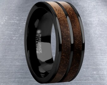 Rare Koa Wood Twin Inlay Black Titanium Men's Wedding Ring