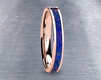 Navy Blue Purple Opal Inlay Pink Flake Rose Gold Tungsten Ring