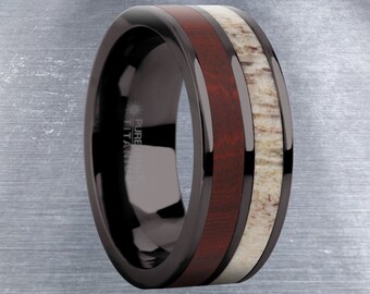 Rood sandelhout, Herten gewei Inleg Gunmetal Titanium Trouwring