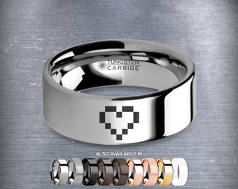 Pixel 8-bit Heart Retro Video Game Engraved Tungsten Wedding Band