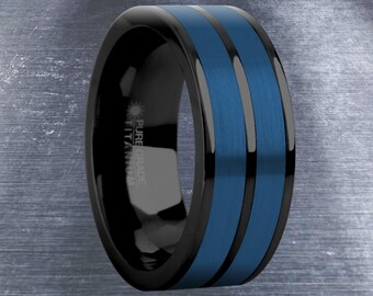 Brushed Blue Tungsten Carbide Inlay Black Titanium Wedding Ring