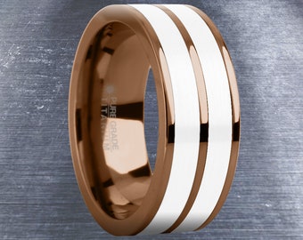 Brushed White Ceramic Inlay Polished Brown Titanium Wedding Band